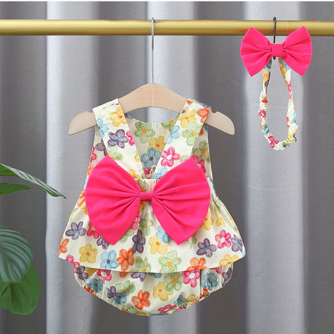 3 Pc Summer Daisy Flower Bow Shirt and Shorts Set