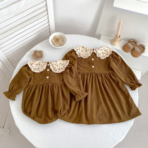 Girl Knit Corduroy Ruffle Collar Bodysuit Dress
