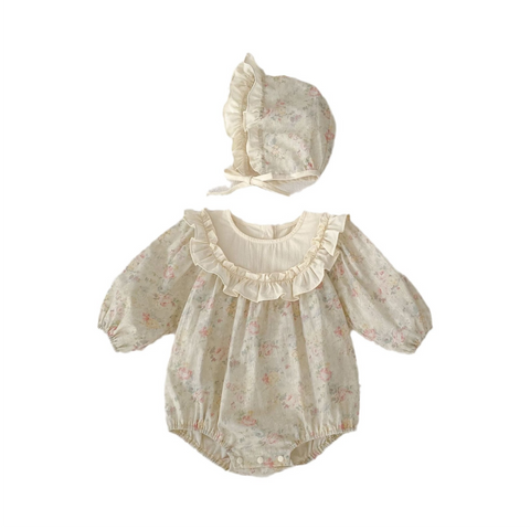 2 Pc Baby Girl Vintage Floral Bodysuit w/Bonnet