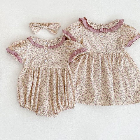 Girls Ditsy Flower Ruffle Neck Onesie/Dress