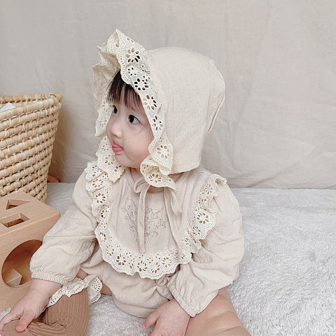 2 Pc Baby Girl Vintage Lace Bib Bodysuit w/ Bonnet