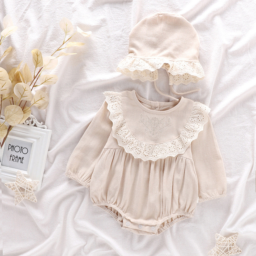 2 Pc Baby Girl Vintage Lace Bib Bodysuit w/ Bonnet
