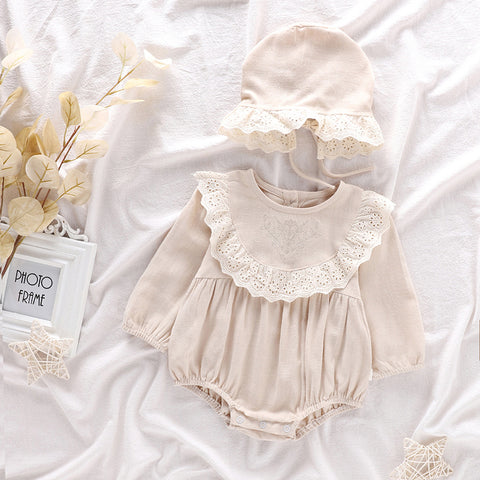 2 Pc Baby Girl Vintage Lace Bib Bodysuit w/ Bonnet