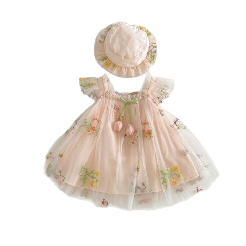 2 pc Baby Girl Wild Flower Tulip Dress w/ Hat