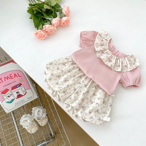 2 Pc Baby Girl Ribbed Tee & Floral Bloomer Shorts