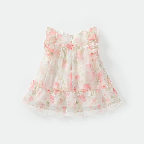 Girls Pink Floral Dress with Straw Hat