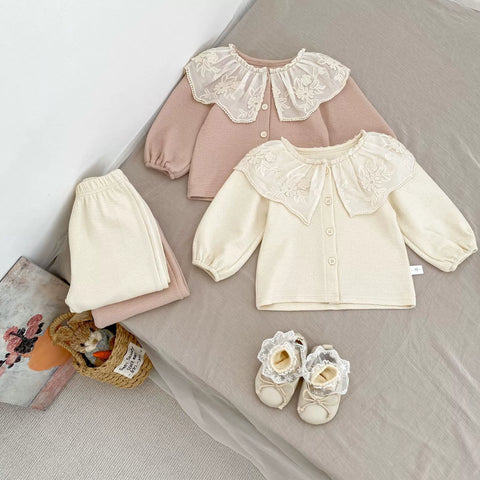 2 Pc Girls Ruffle Collar Sweater Cardigan w/ Pants