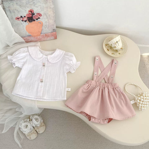 2 Pc Baby Girl Bunny Overall Skirt w/ Collar Shirt