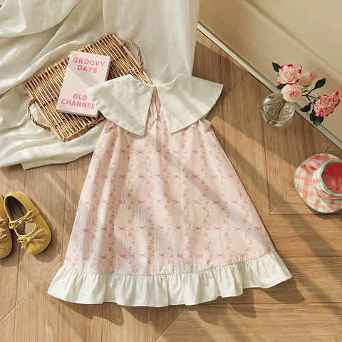 Girls Bows and Floral Round Collar Dress