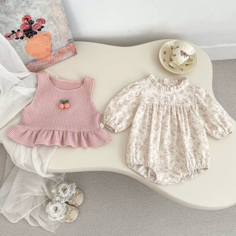 2 Pc Baby Girl Floral Bodysuit with Cherry Vest