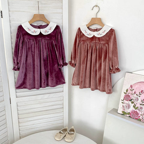 Girls Autumn Velvet Babydoll Collar Dress