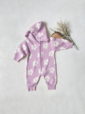 Baby Girl Flower Pattern Knit Zip Hooded Romper