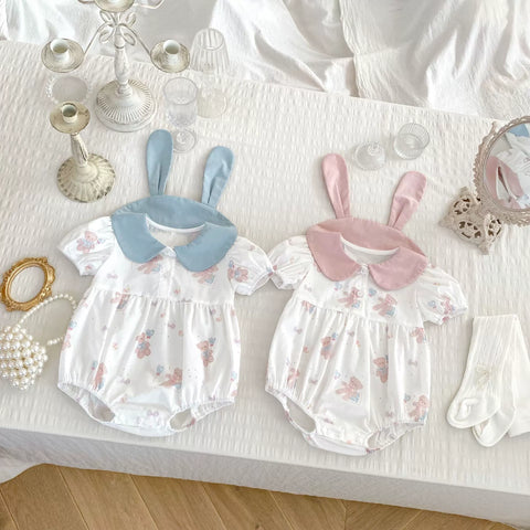 Baby Girl Teddy Bear Print Ear Collar Bodysuit