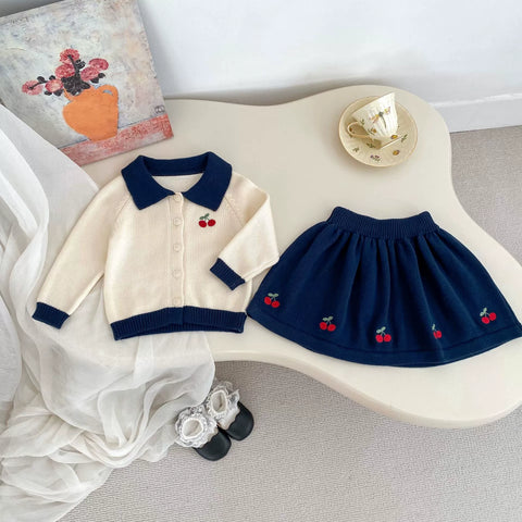2 Pc Girls Knit Cherry Polo Shirt and Skirt Set