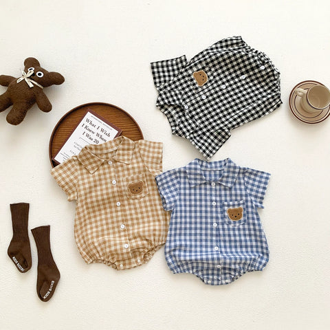 Baby Boy Bear Patch Gingham Polo Bodysuit