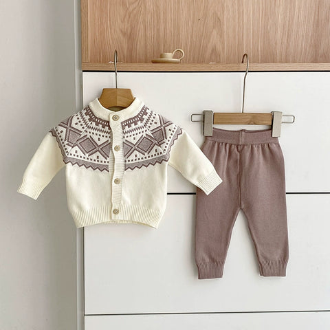 2 Pc Baby Fair Isle Knit Cardigan Pants Set