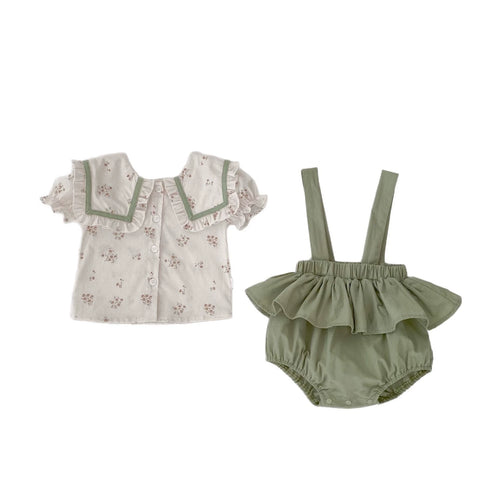 2 Pc Baby Girls Square Collar Shirt & Overall Set