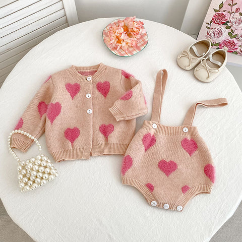 2 Pc Baby Girl Heart Knit Cardigan and Bodysuit Set
