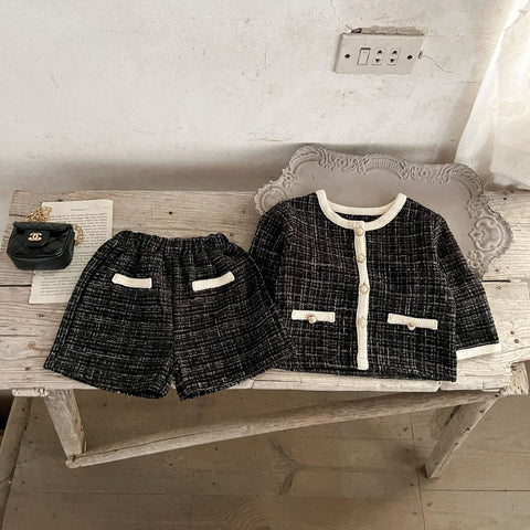 2 Pc Baby Girl Tweed Cardigan Shorts Set