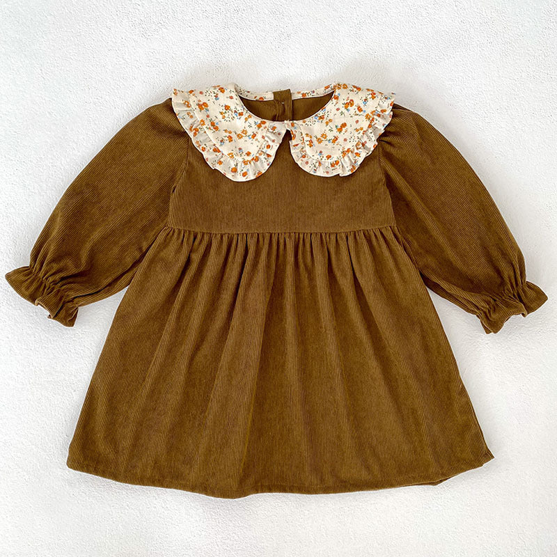 Girl Knit Corduroy Ruffle Collar Bodysuit Dress