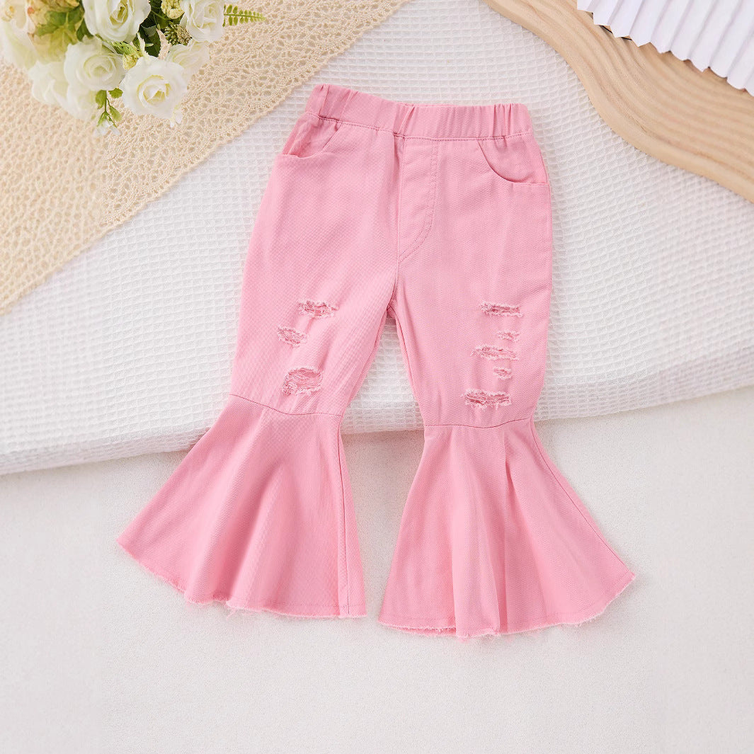 Girls Ripped Details Bell Bottoms Jeans