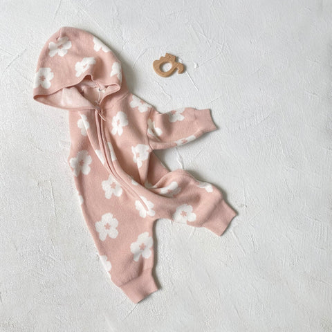 Baby Girl Flower Pattern Knit Zip Hooded Romper