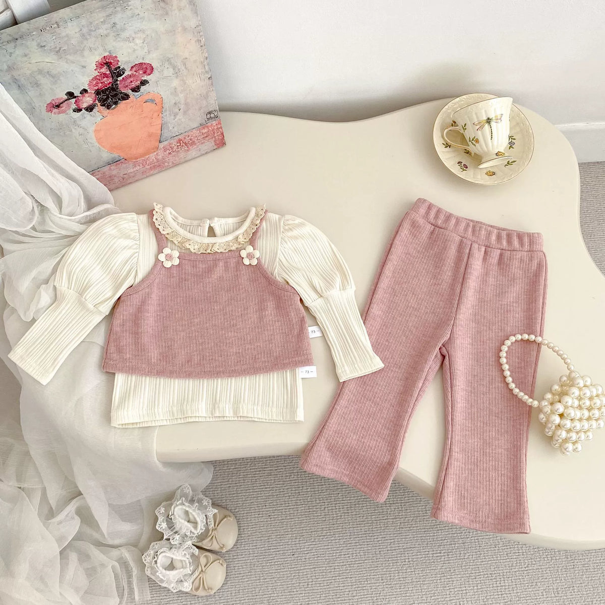 3 Pc Girls Flower Cami Layered Top & Pants Set