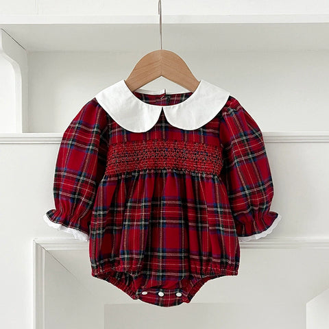 Girls Festive Plaid Smocked Bodysuit Dress