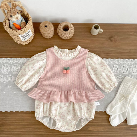 2 Pc Baby Girl Floral Bodysuit with Cherry Vest