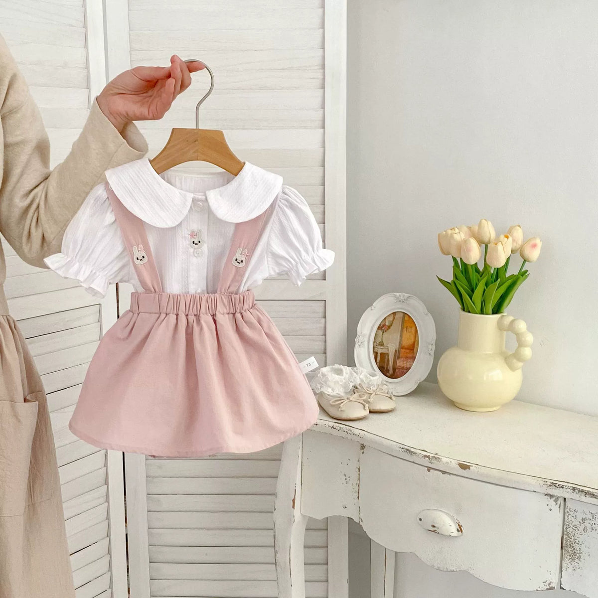 2 Pc Baby Girl Bunny Overall Skirt w/ Collar Shirt