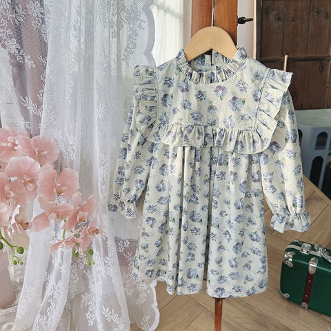 Girls Floral Print Ruffle High Neck Dress