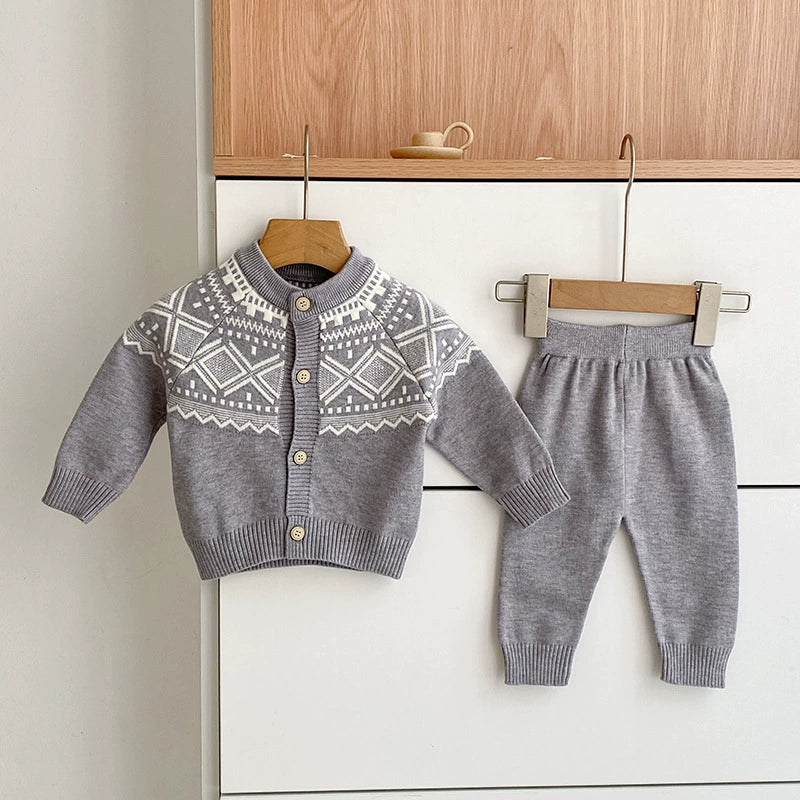 2 Pc Baby Fair Isle Knit Cardigan Pants Set