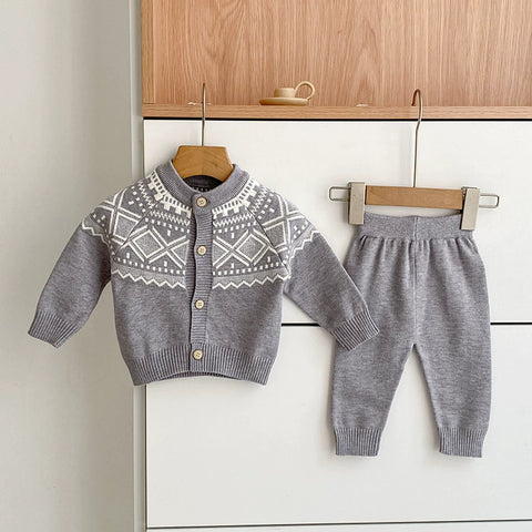 2 Pc Baby Fair Isle Knit Cardigan Pants Set