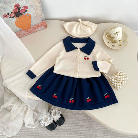 2 Pc Girls Knit Cherry Polo Shirt and Skirt Set
