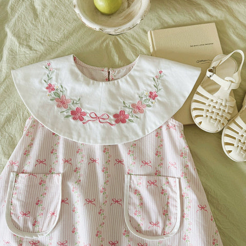 Girls Bows and Floral Round Collar Dress
