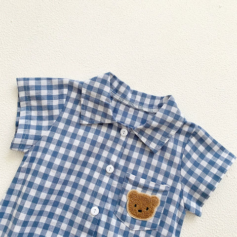 Baby Boy Bear Patch Gingham Polo Bodysuit