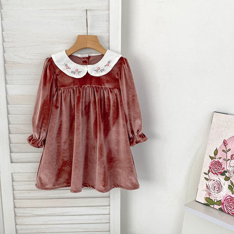 Girls Autumn Velvet Babydoll Collar Dress