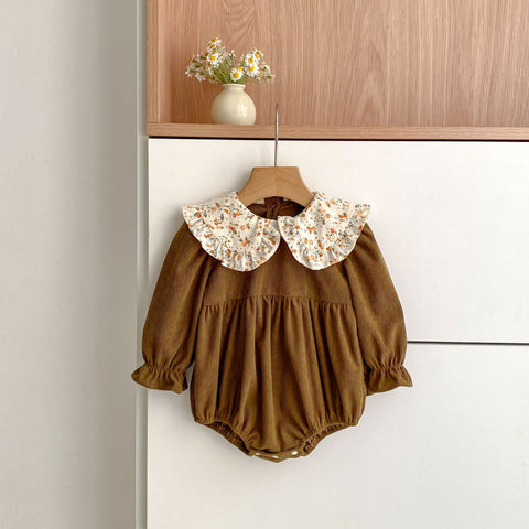 Girl Knit Corduroy Ruffle Collar Bodysuit Dress