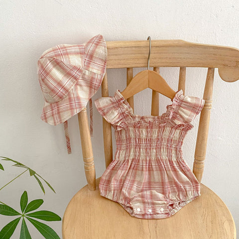 2 Pc Baby Girl Plaid Bodysuit with Hat