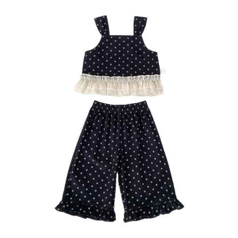 3 Pc Girls Wide Leg Flower Dot Top & Pants Set