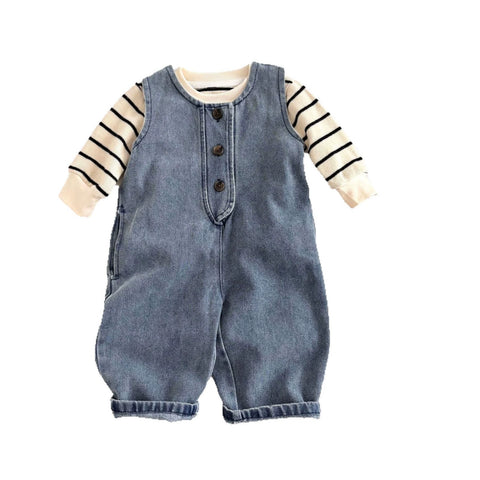 2 Pc Baby Boy Denim Overall w/ Stripe Shirt