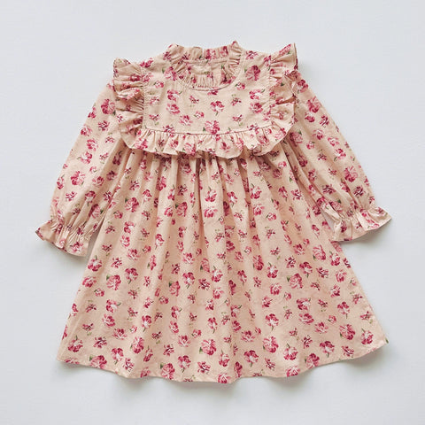 Girls Floral Print Ruffle High Neck Dress