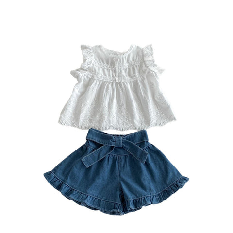 2 Pc Girl Boho Embroidery Top & Denim Shorts