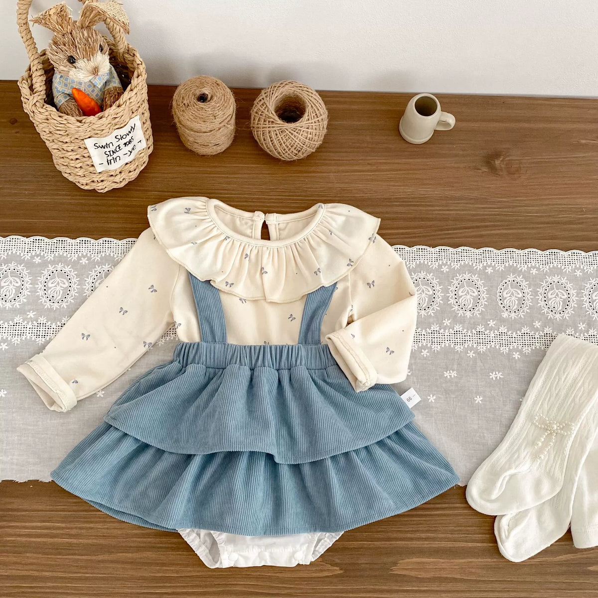 2 Pc Baby Girl Corduroy Skirt with Ruffle Collar Shirt