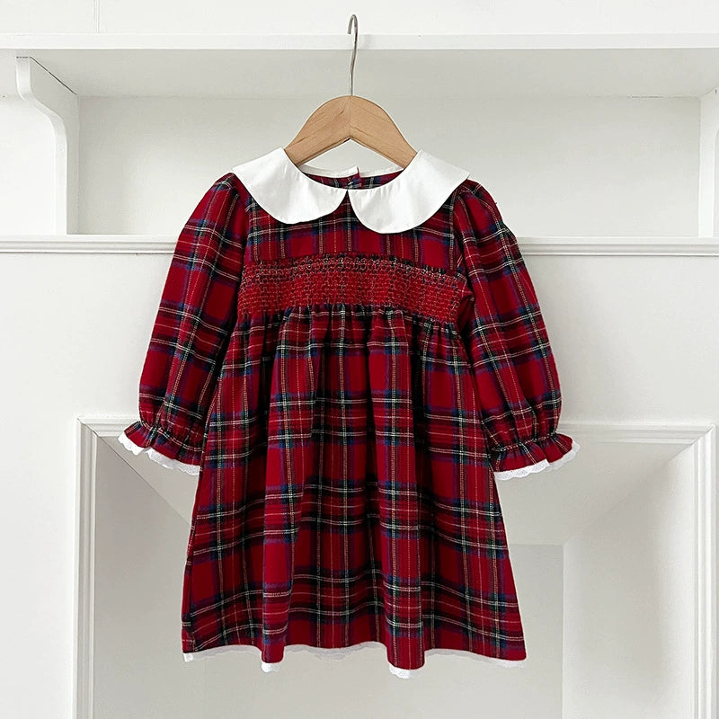Girls Festive Plaid Smocked Bodysuit Dress