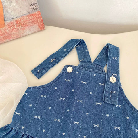 2 Pc Girls Denim Bow Skirt with Cherry Shirt Set