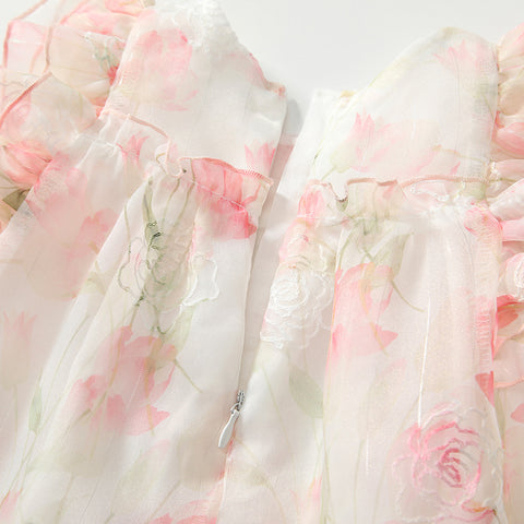 Girls Pink Floral Dress with Straw Hat
