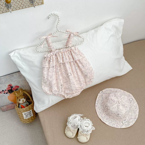 2 Pc Baby Girls Rabbit Print Cami Bodysuit w/ Hat