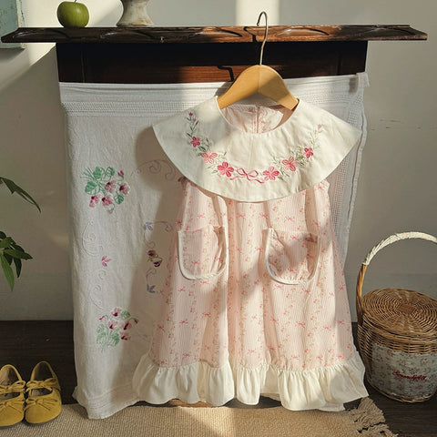 Girls Bows and Floral Round Collar Dress