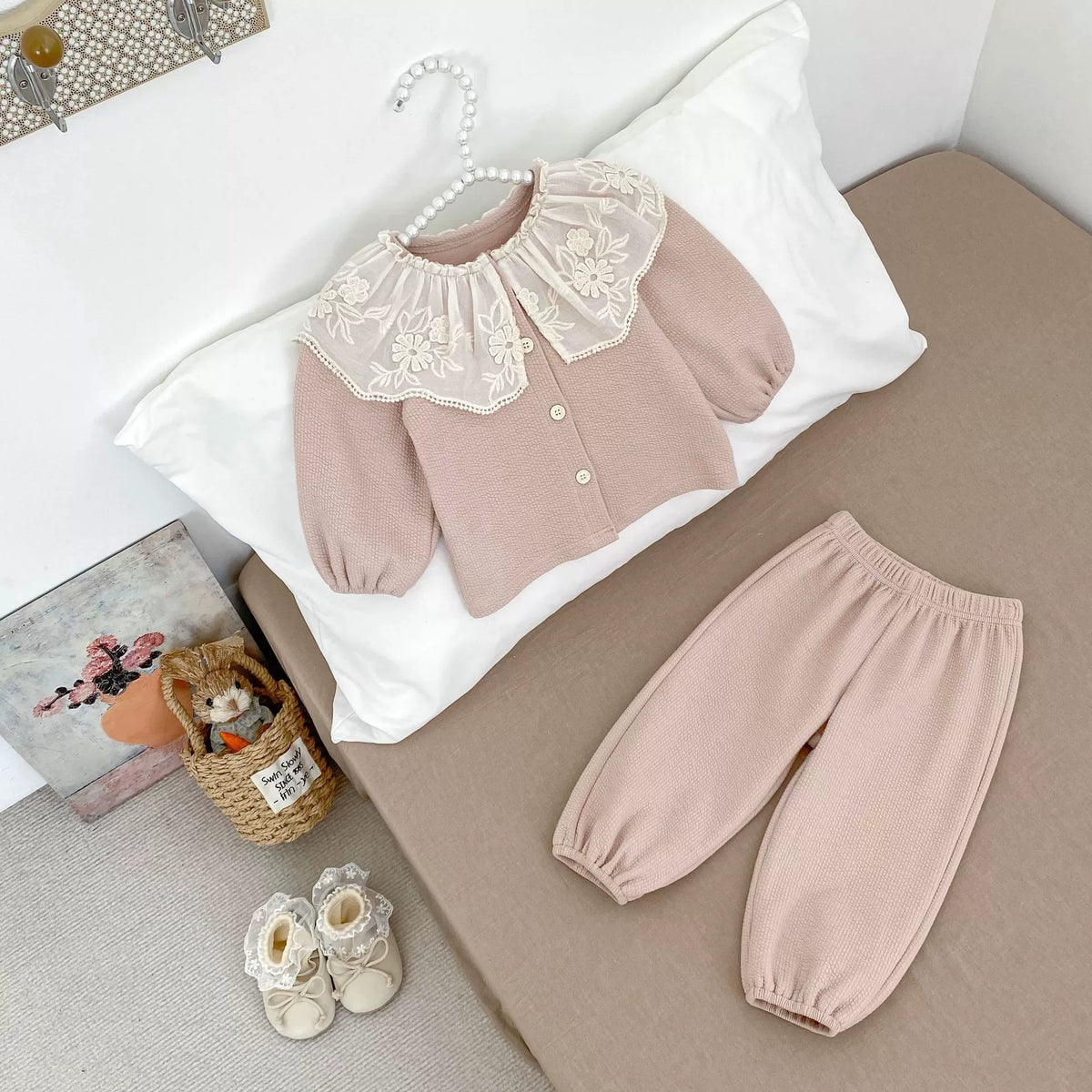 2 Pc Girls Ruffle Collar Sweater Cardigan w/ Pants